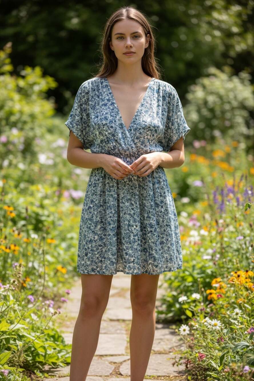 EDDIE BAUER Dress Size 2X / Size 2XW Blue Print V Neck Mini / Knee Length